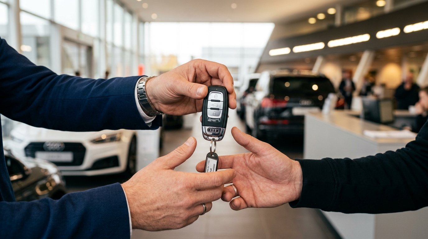 Dealership handover handing modern car keys to buyer in Bristol TN showroom — Fast Track Automotive used cars August 2026