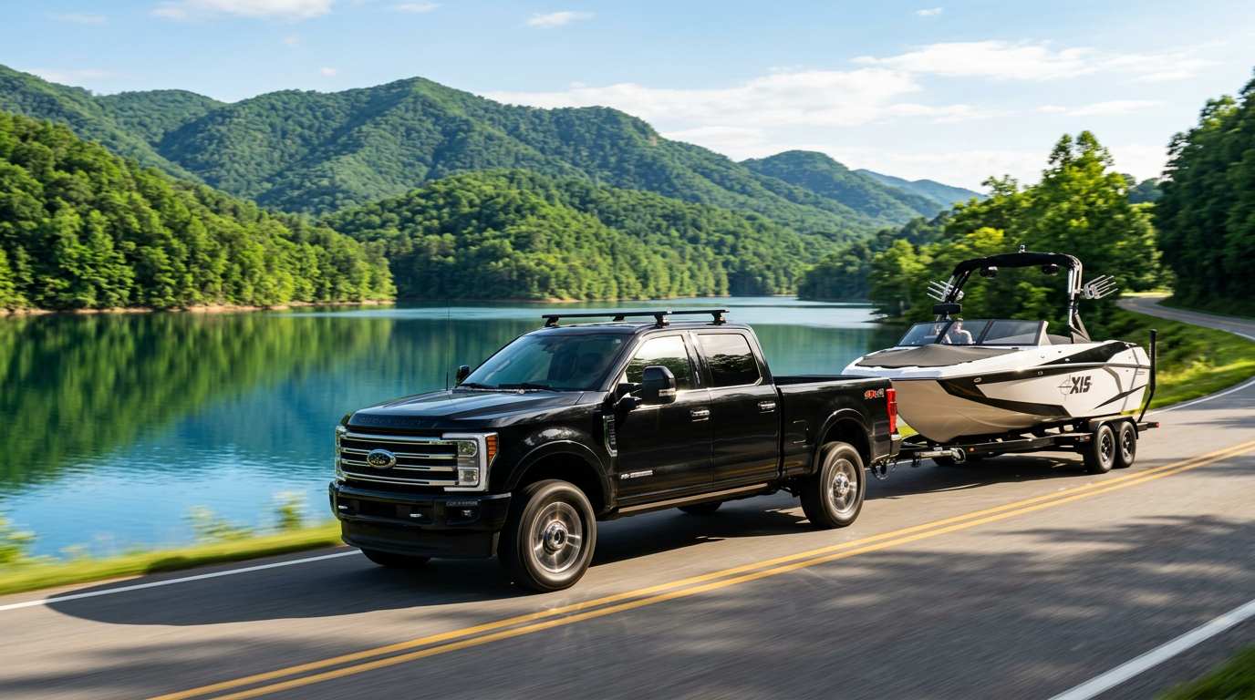 Black truck towing trailer on mountain highway — used trucks Bristol TN Fast Track Automotive