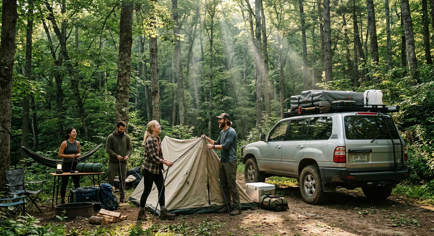 Friends camping with Toyota Land Cruiser 4x4 in Cherokee National Forest — used 4x4 SUVs Bristol TN Fast Track Automotive