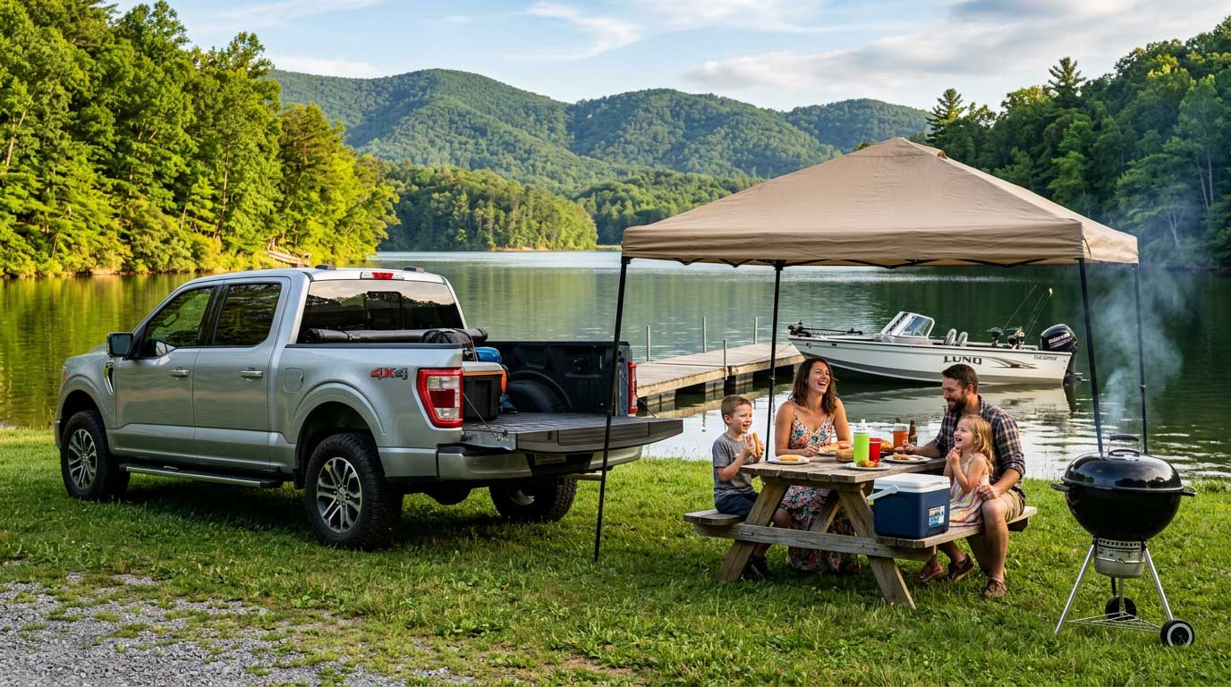Truck towing boat toward South Holston Lake — used trucks Bristol TN Fast Track Automotive summer 2026