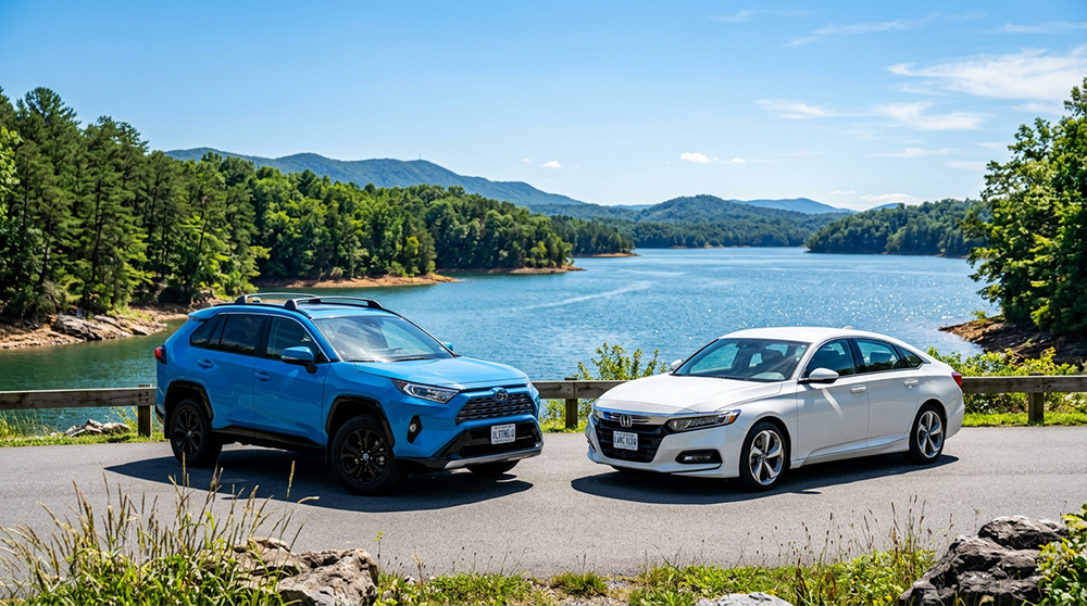 Bright blue SUV parked at South Holston Lake — Fast Track Automotive Bristol TN summer road trip picks