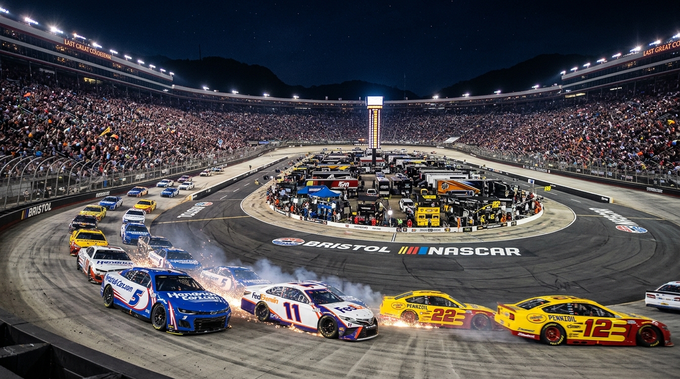 Roaring race cars battling under the bright floodlights at Bristol Motor Speedway The Last Great Colosseum in Bristol TN — Fast Track Automotive used cars and trucks September 2026