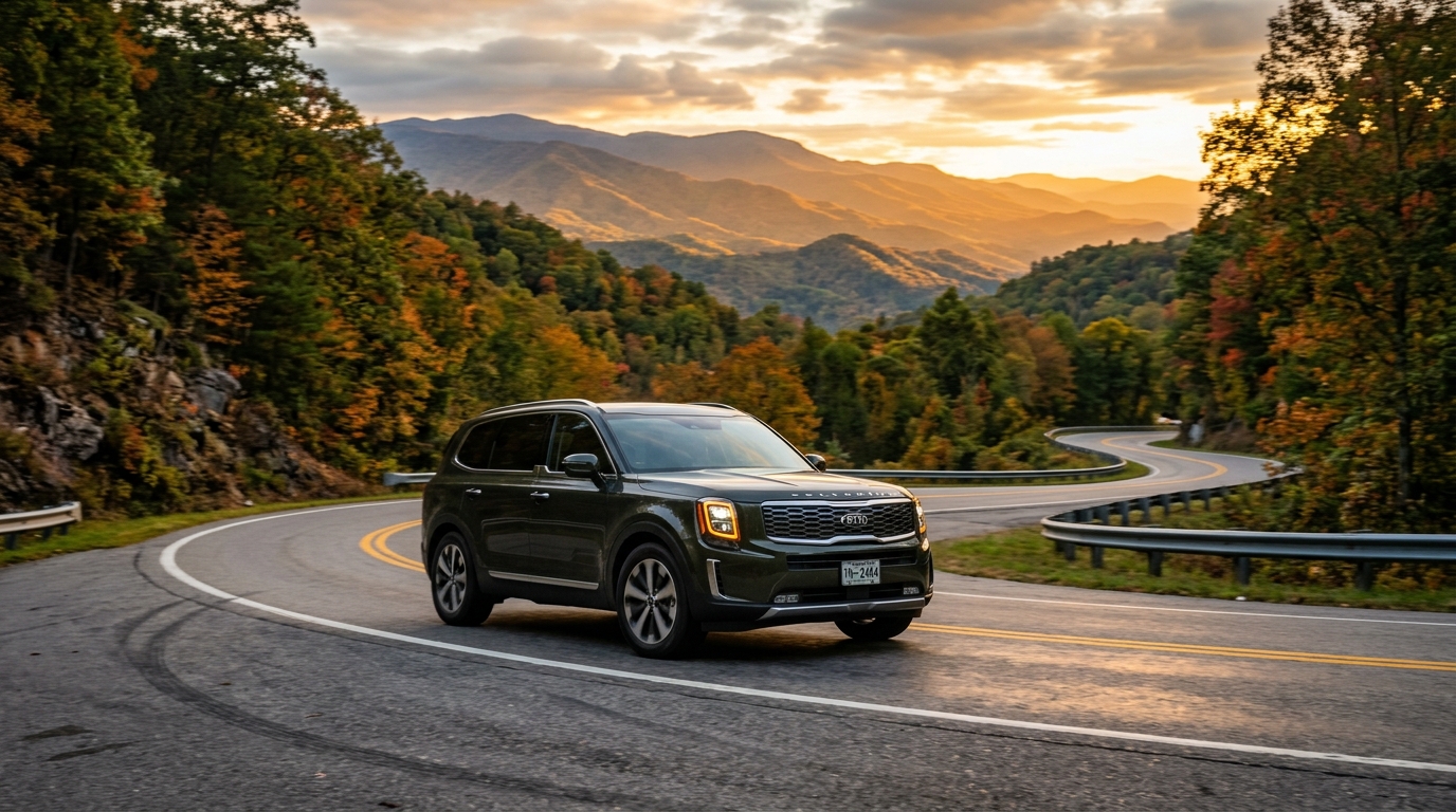 Pre-owned Kia Sorento SUV driving on a winding mountain road in East Tennessee at sunset — used SUV Volunteer Pkwy Fast Track Automotive August 2026