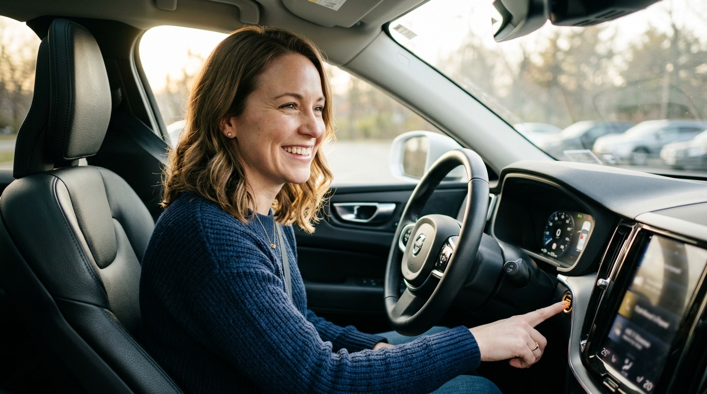 Happy woman smiling in driver seat about to press push-to-start ignition button inside modern car — Fast Track Automotive Bristol TN used cars September 2026