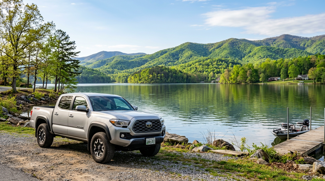 Mid-size pickup truck parked near scenic Bristol Tennessee — Fast Track Automotive Tri-Cities used trucks