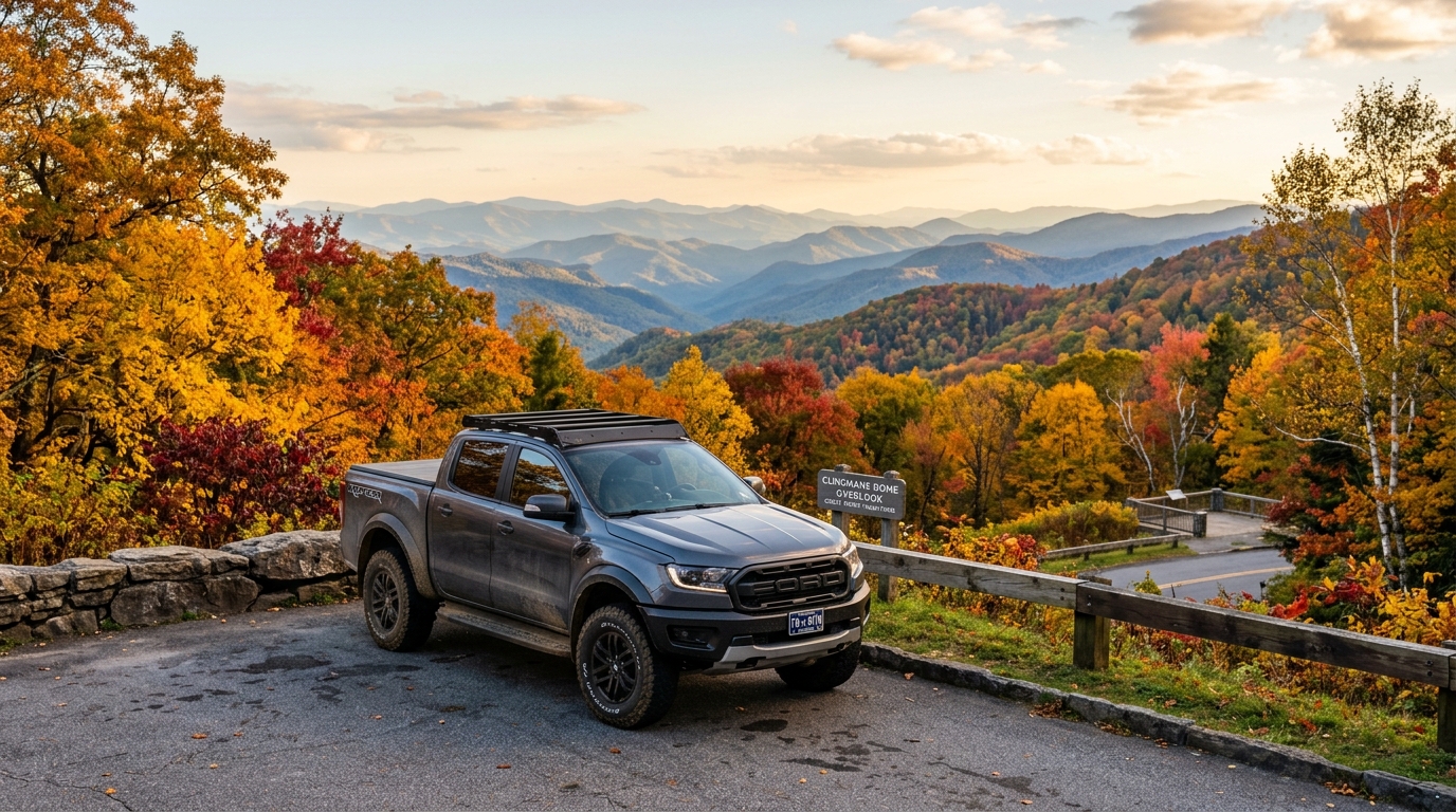 Rugged 4x4 pickup truck parked on scenic mountain overlook in the Great Smoky Mountains surrounded by vibrant orange yellow and red autumn fall foliage — Fast Track Automotive Bristol TN used trucks October 2026